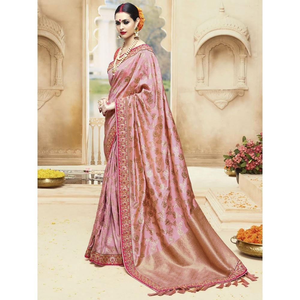Monjolika Fashion Peach Colored Embroidered Kanjipuram Silk Saree With Un-stitched Blouse