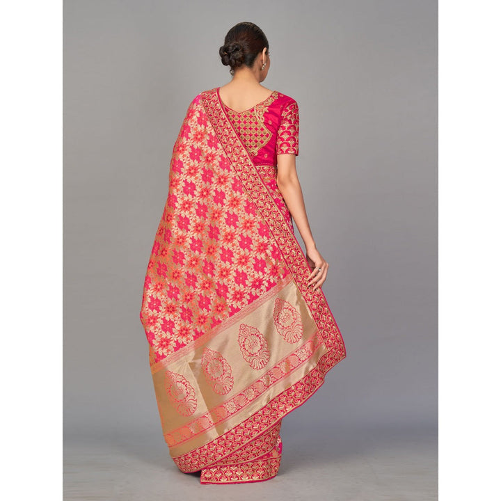 Monjolika Fashion Pink Woven Banarasi Silk Designer Saree With Un-stitched Blouse