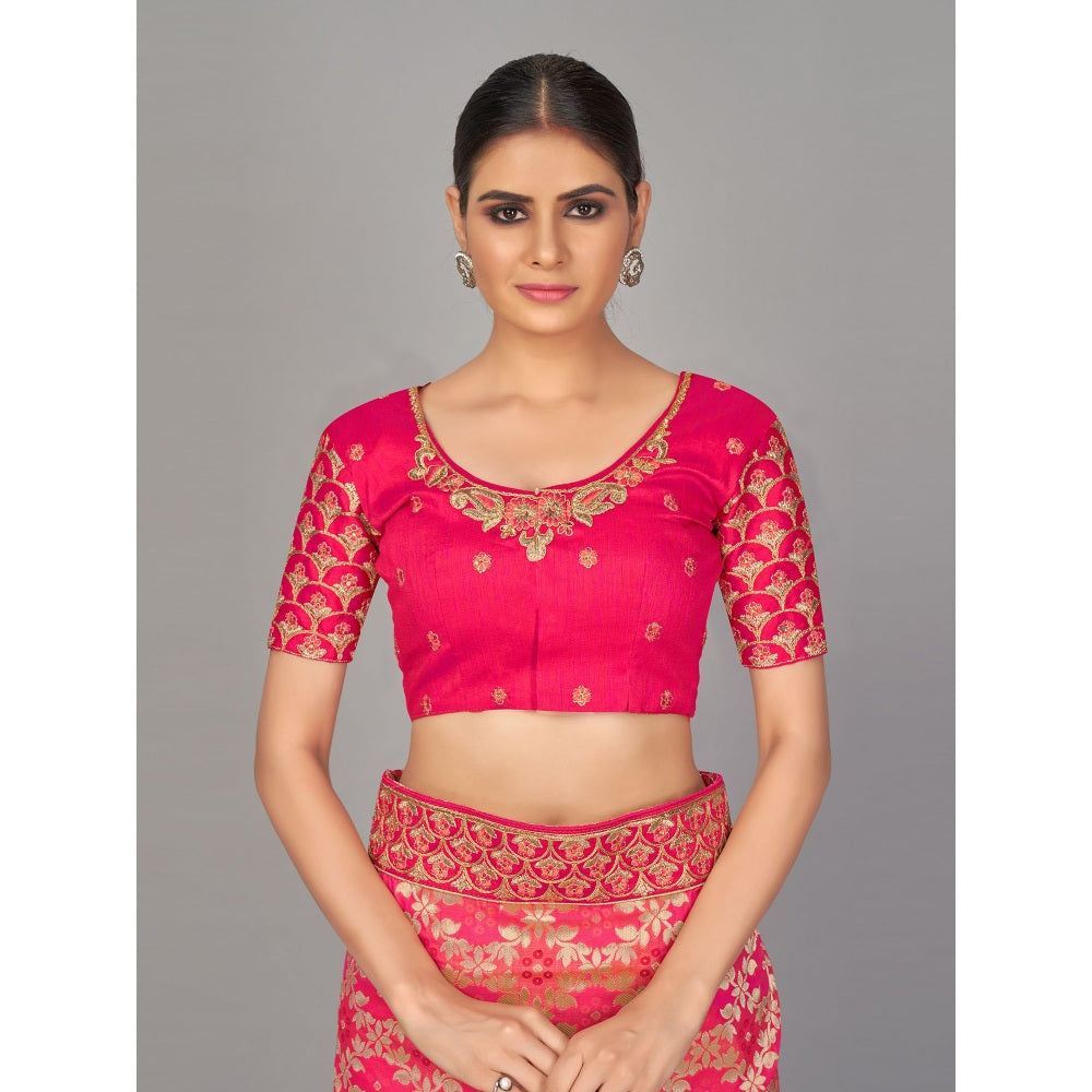 Monjolika Fashion Pink Woven Banarasi Silk Designer Saree With Un-stitched Blouse