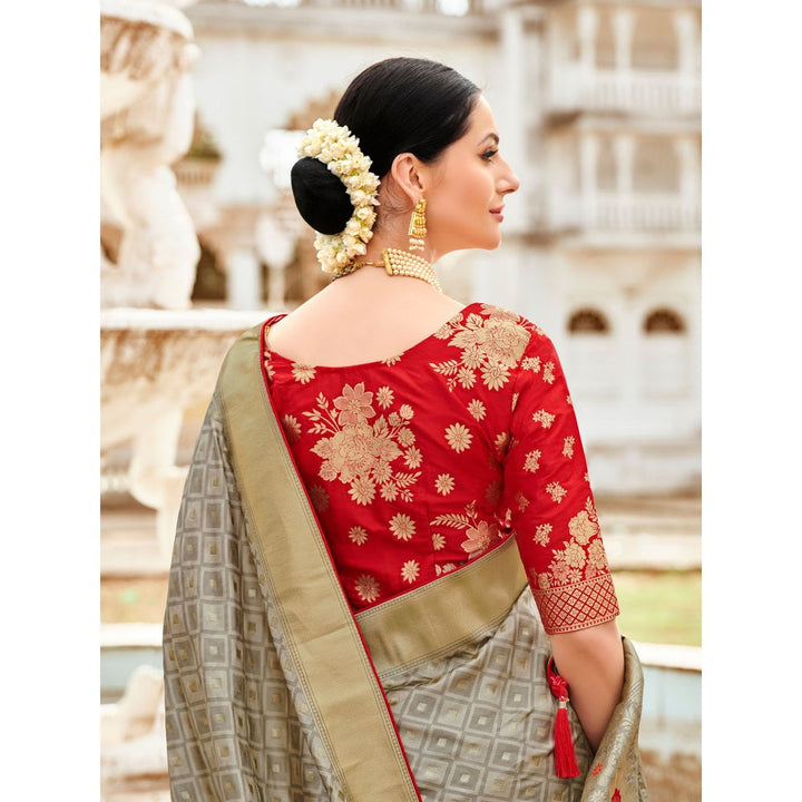Monjolika Fashion Grey Woven Silk Blend Designer Saree With Un-stitched Blouse