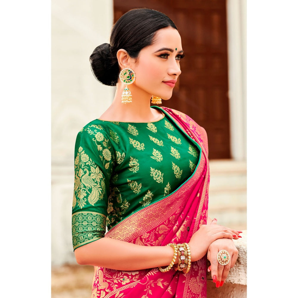 Monjolika Fashion Magenta Woven Silk Blend Designer Saree With Un-stitched Blouse