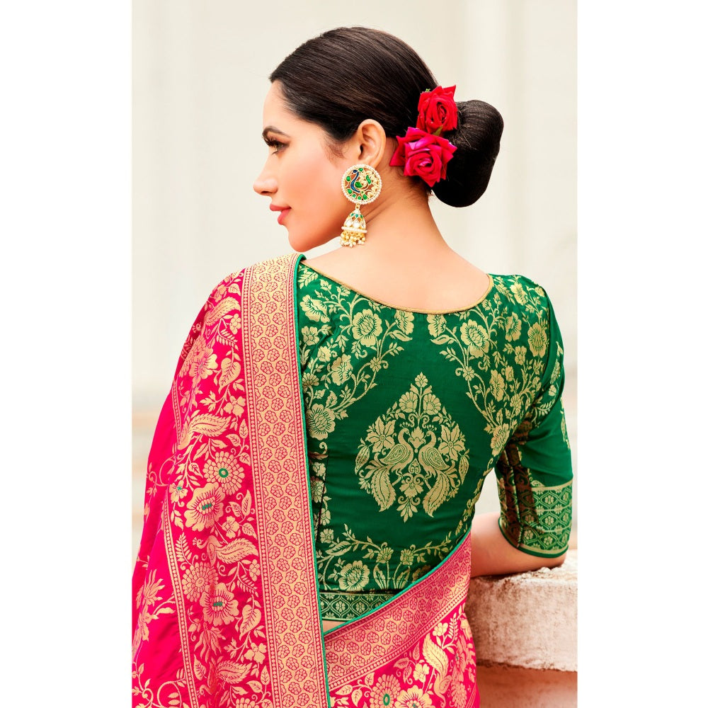 Monjolika Fashion Magenta Woven Silk Blend Designer Saree With Un-stitched Blouse