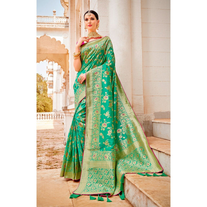 Monjolika Fashion Light Green Woven Silk Blend Designer Saree With Un-stitched Blouse