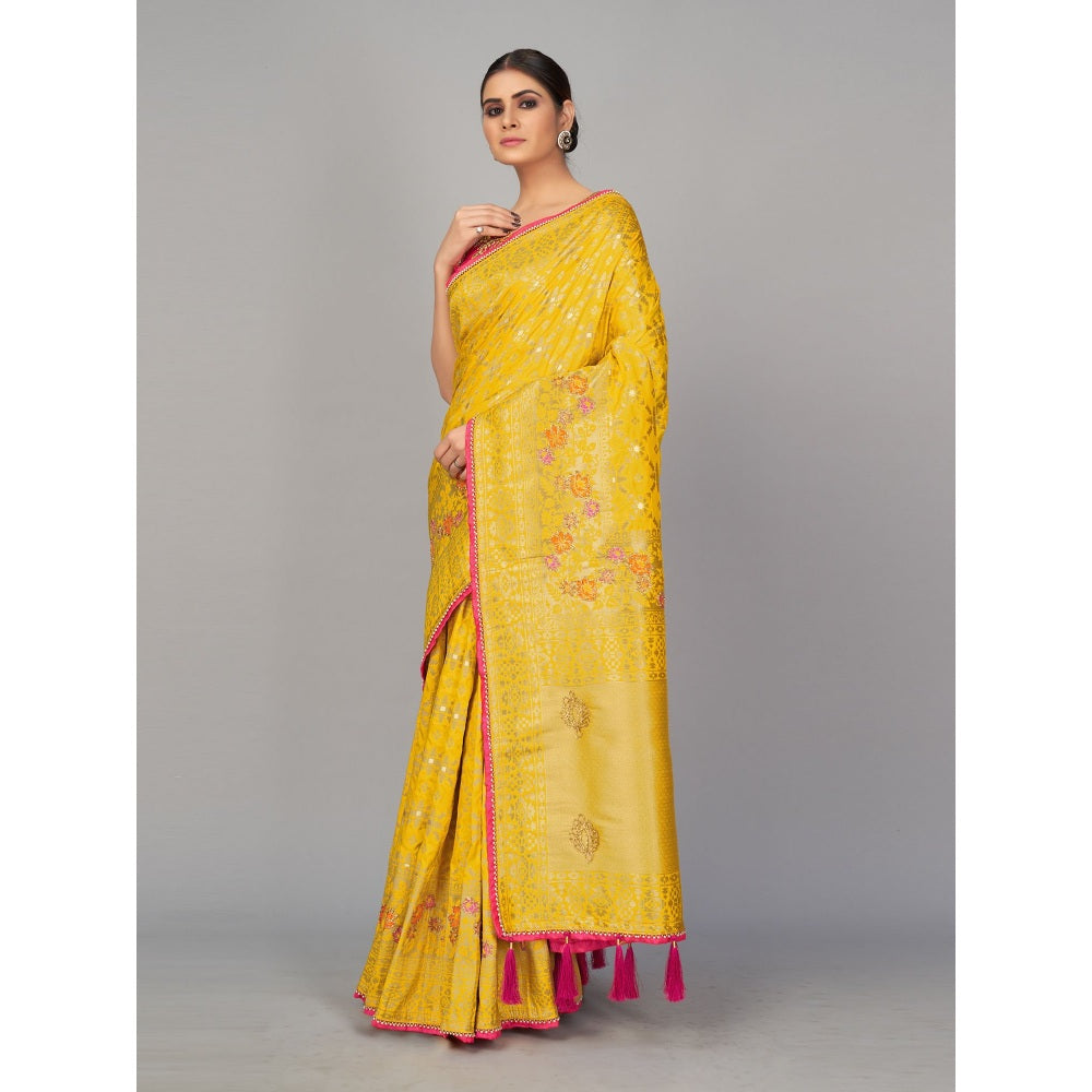 Monjolika Fashion Yellow Color Viscose Dola Silk Saree With Un-stitched Blouse