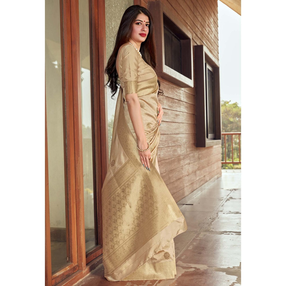 Monjolika Fashion Weaving Beige Silk Designer Traditional Saree With Unstitched Blouse
