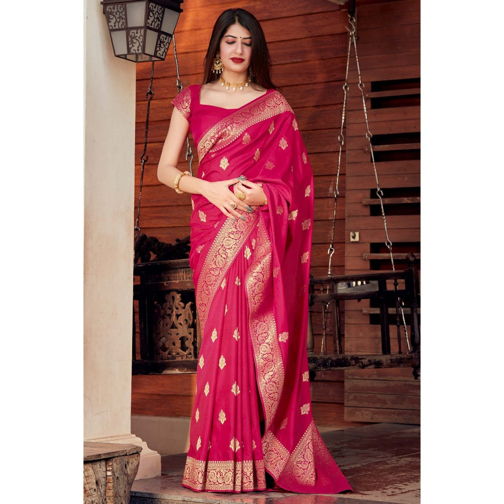 Monjolika Fashion Weaving Magenta Silk Designer Traditional Saree With Unstitched Blouse