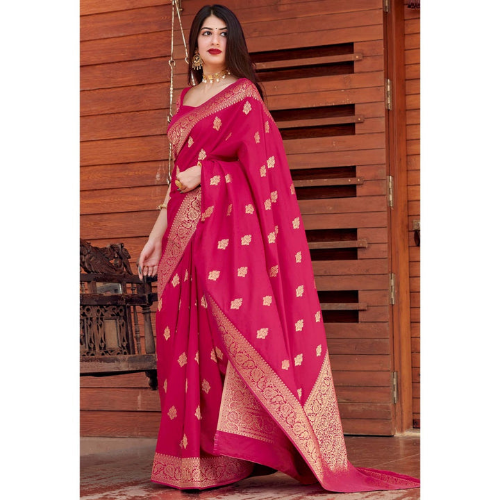 Monjolika Fashion Weaving Magenta Silk Designer Traditional Saree With Unstitched Blouse
