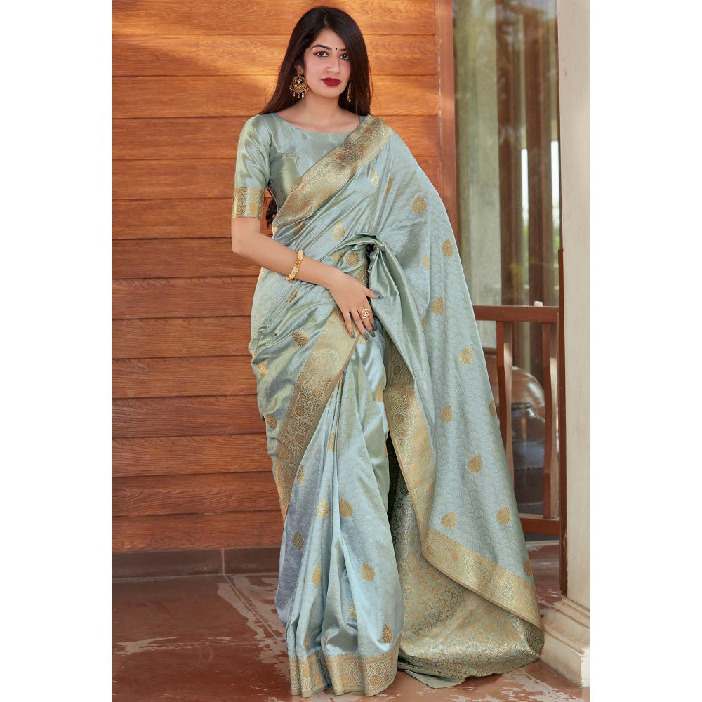 Monjolika Fashion Weaving Pastel Green Silk Designer Traditional Saree With Unstitched Blouse