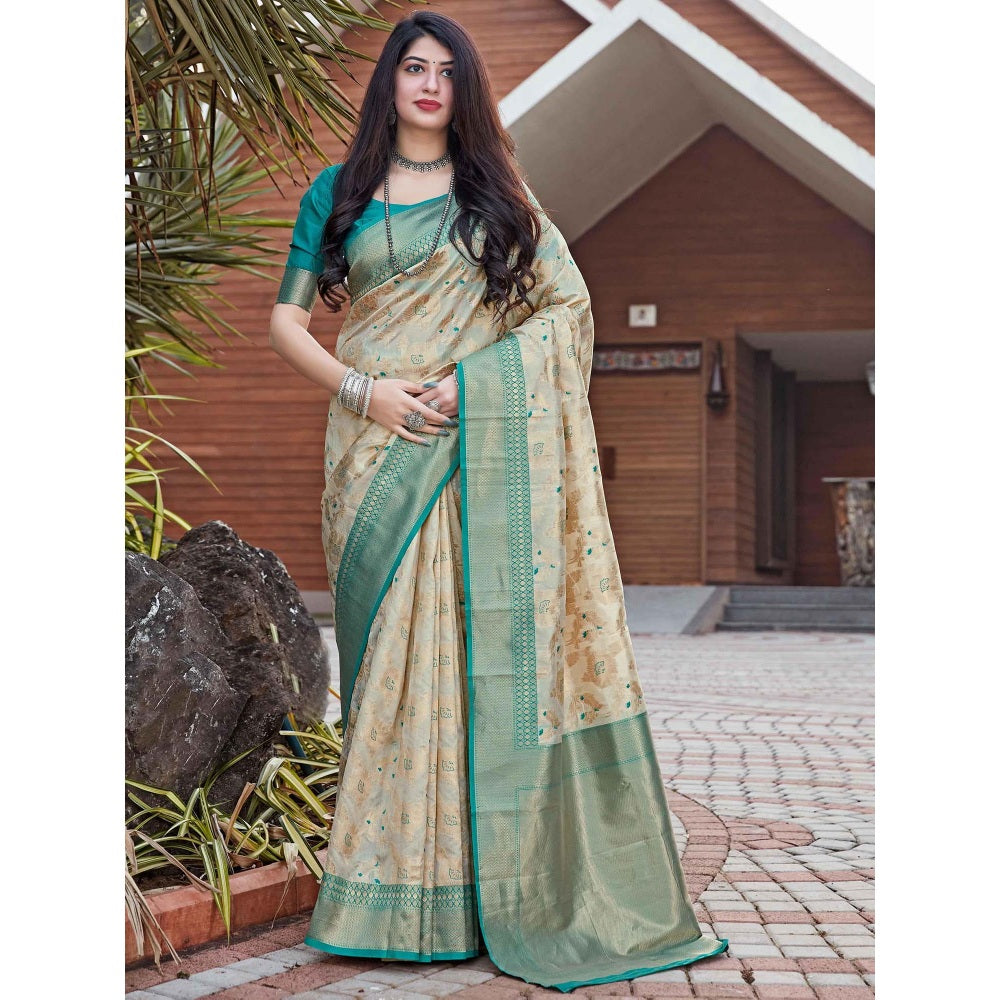 Monjolika Fashion Cream Color Banarasi Silk Traditonal Saree With Unstitched Blouse