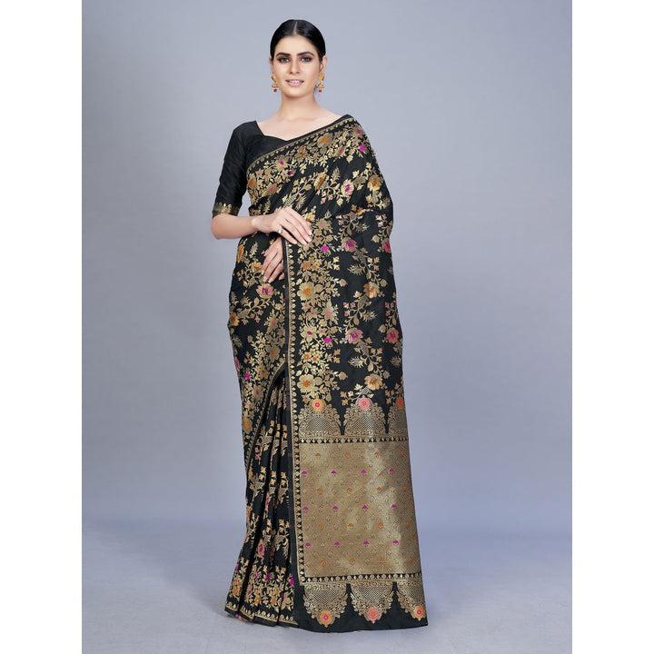 Monjolika Fashion Women Black Color Banarasi Silk Woven Saree With Unstitched Blouse