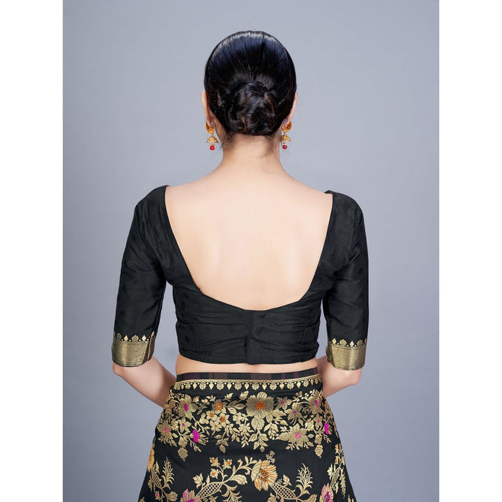Monjolika Fashion Women Black Color Banarasi Silk Woven Saree With Unstitched Blouse