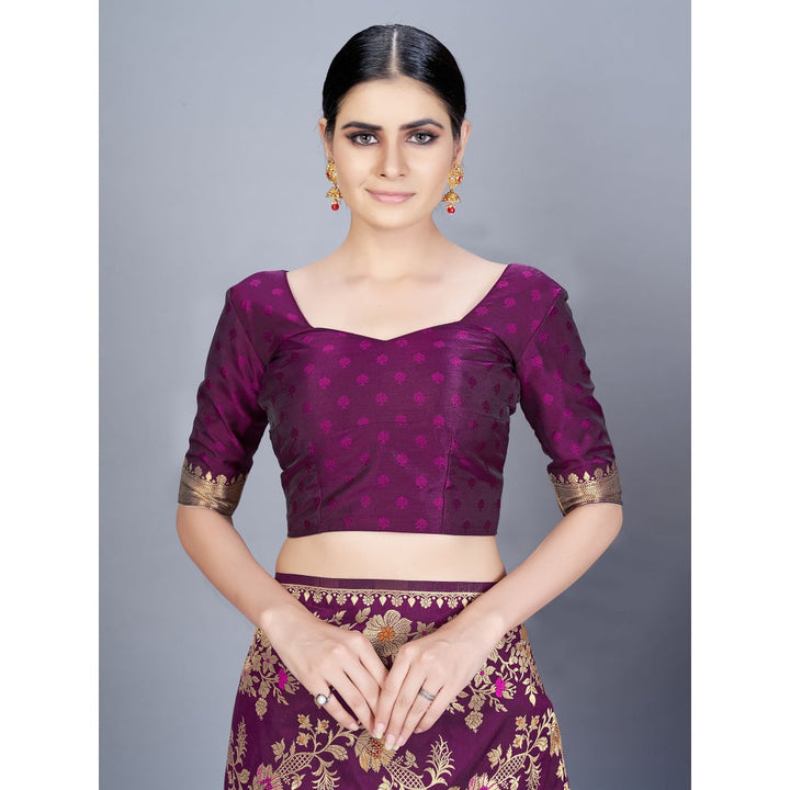 Monjolika Fashion Women Wine Color Banarasi Silk Woven Saree With Unstitched Blouse