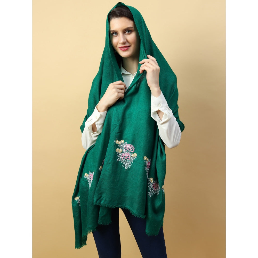 Modarta By Kamakshi Green Shawl Pure Pashmina With Hand Embroidered Floral Motifs On Either Ends
