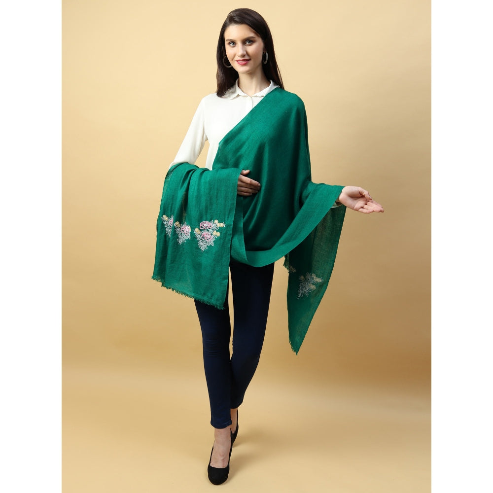 Modarta By Kamakshi Green Shawl Pure Pashmina With Hand Embroidered Floral Motifs On Either Ends