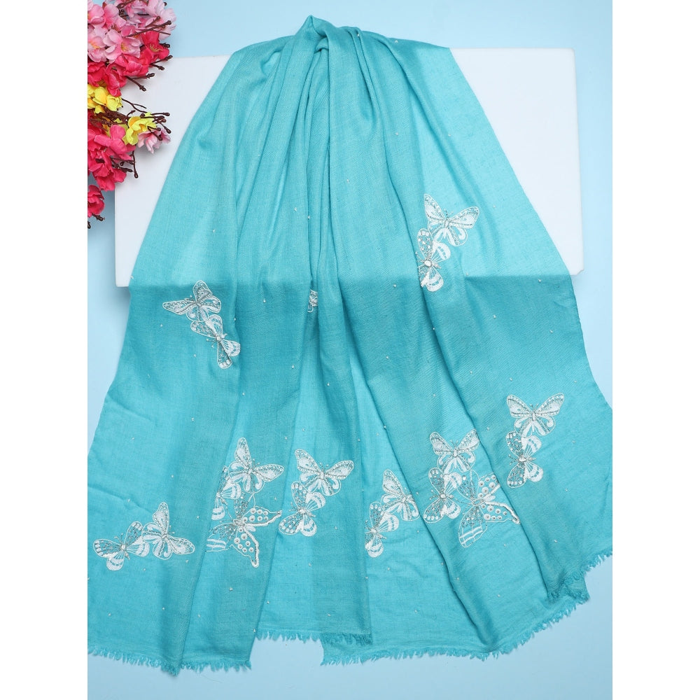 Modarta By Kamakshi Turquoise Blue Shawl Pure Pashmina Shawl With Hand Embroidery White Butterflies