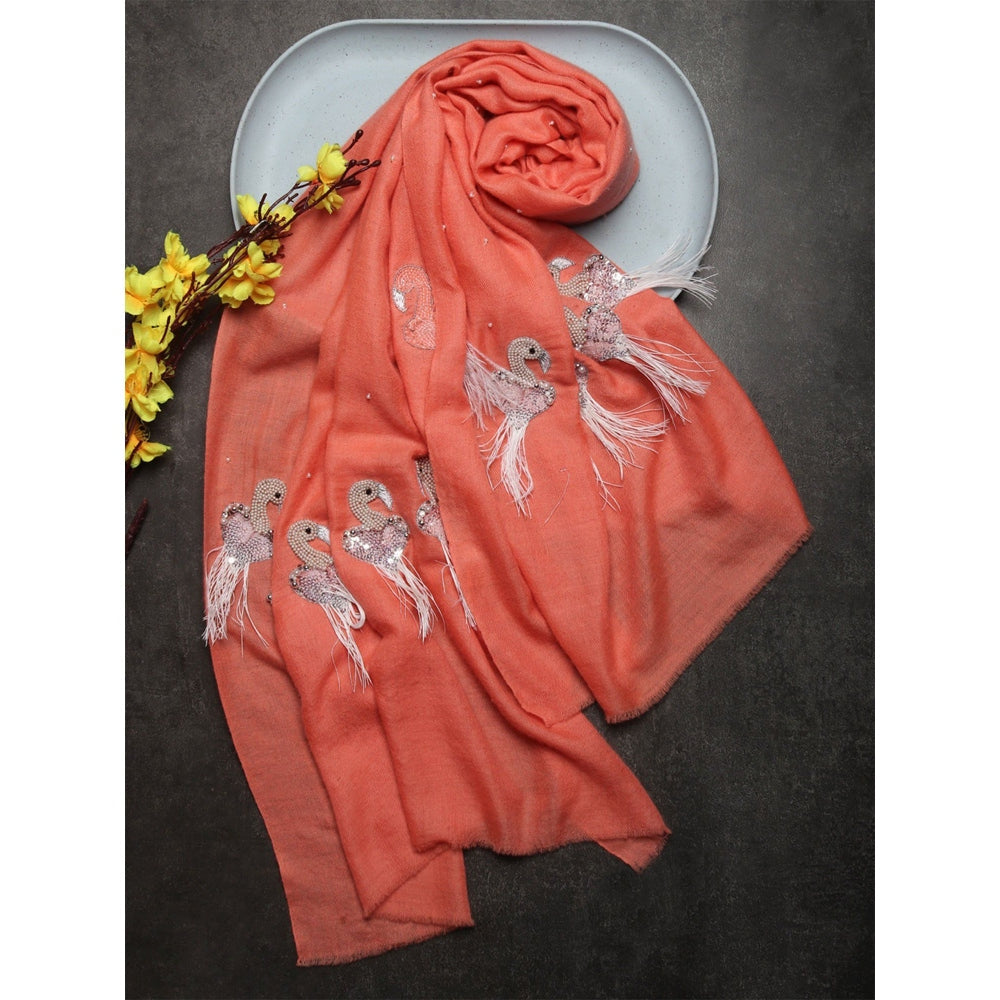 Modarta By Kamakshi Peach Pure Pashmina Stole With Feather Bird Design, Pashmina Shawl Online