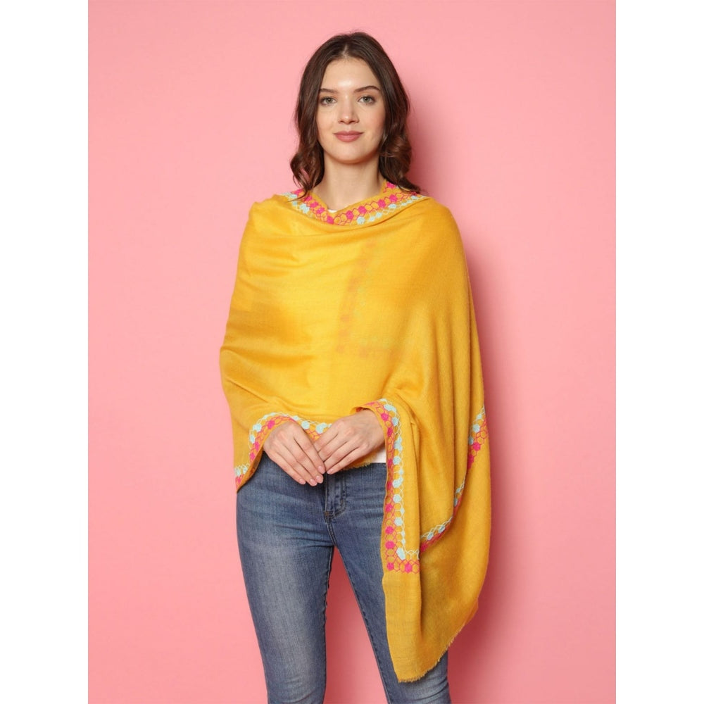 Modarta By Kamakshi Bright Yellow Shawl, Pure Pashmina Shawl With Hand Embroidered Geometric Border