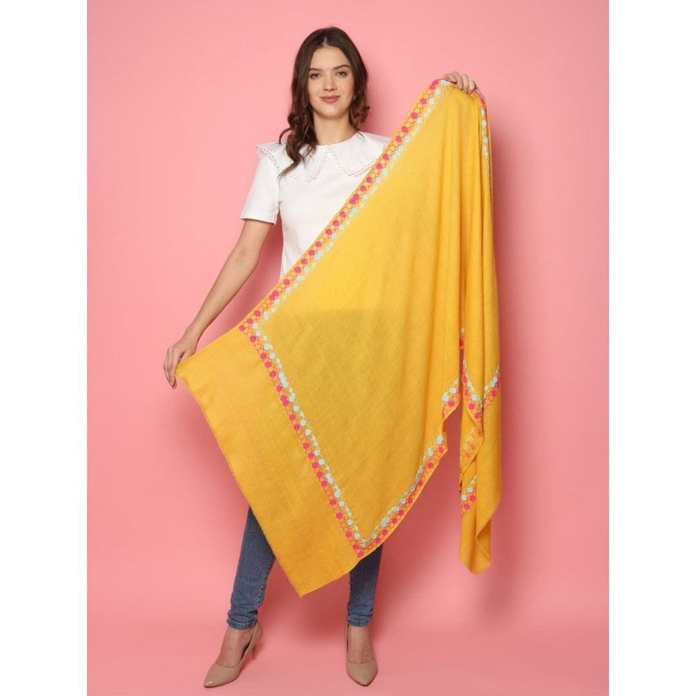 Modarta By Kamakshi Bright Yellow Shawl, Pure Pashmina Shawl With Hand Embroidered Geometric Border