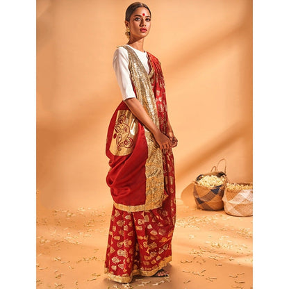 Masaba Maroon Durga Pooja Sari With White Blouse Piece