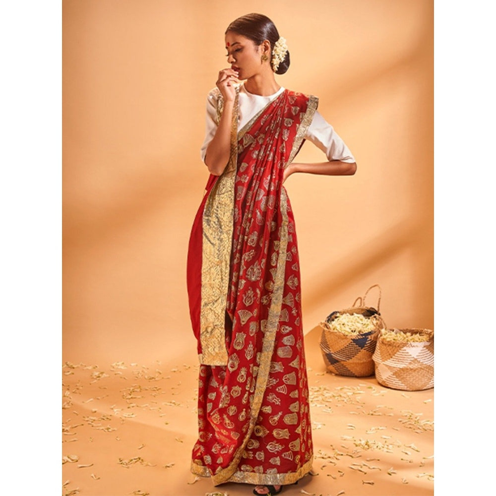 Masaba Maroon Durga Pooja Sari With White Blouse Piece