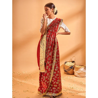 Masaba Maroon Durga Pooja Sari With White Blouse Piece