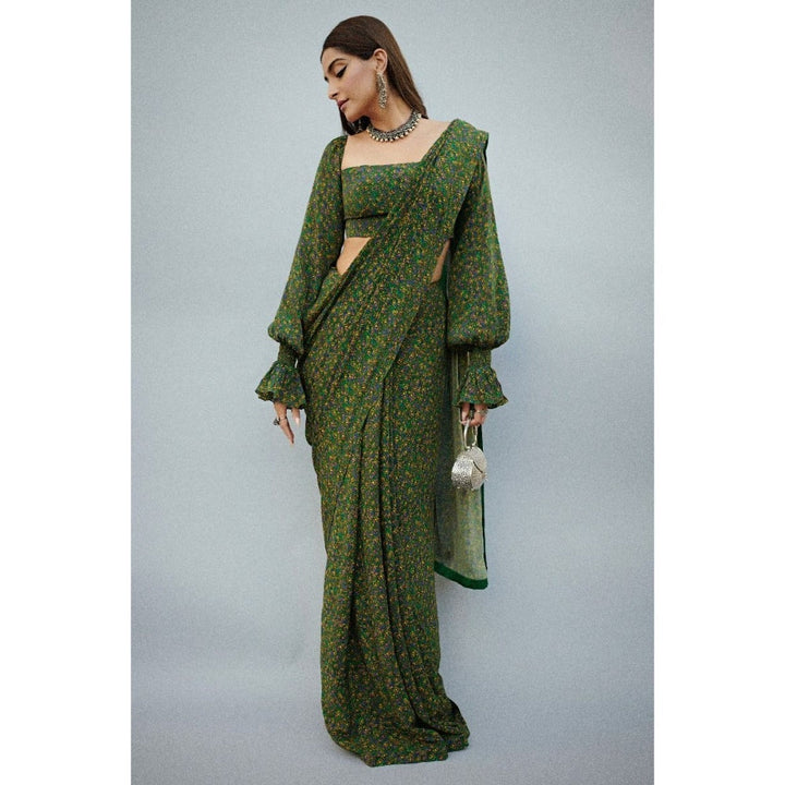 Masaba Emerald Floral Rush Sari & Unstitched Blouse