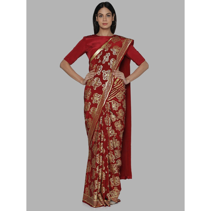 Masaba Maroon Printed Saree With Unstitched Blouse