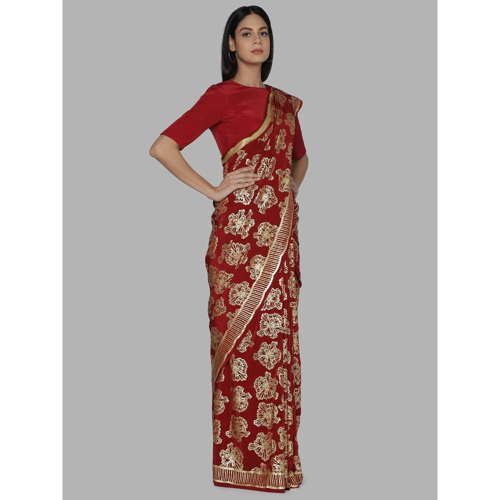 Masaba Maroon Printed Saree With Unstitched Blouse