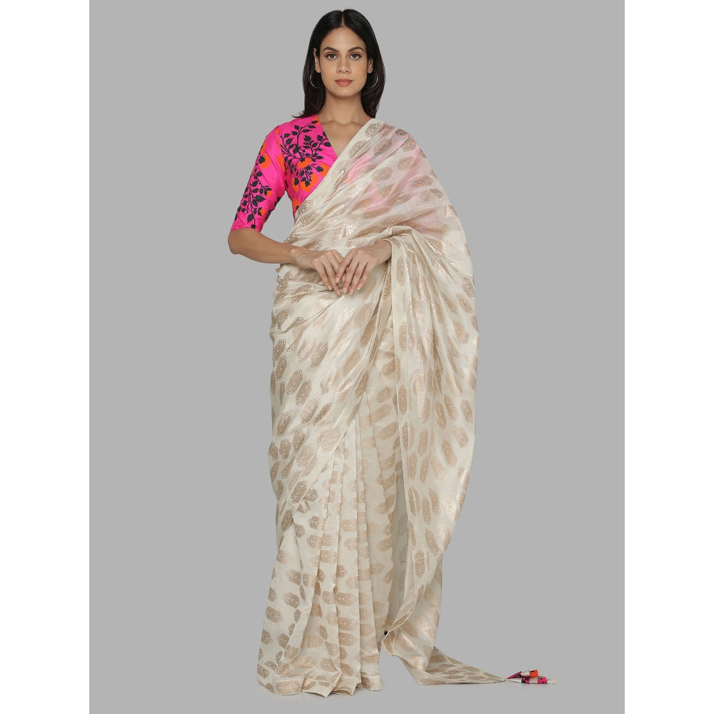 Masaba Ivory Printed Saree With Unstitched Blouse