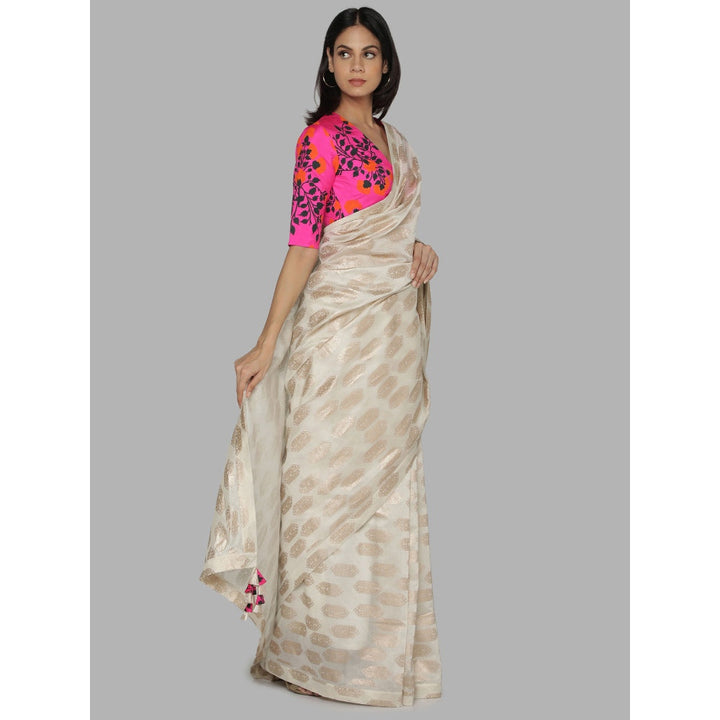 Masaba Ivory Printed Saree With Unstitched Blouse