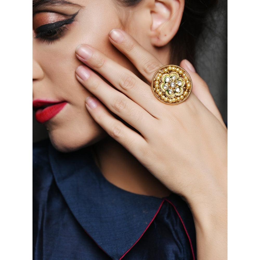 Odette Pearl Kundan Adjustable Finger Ring
