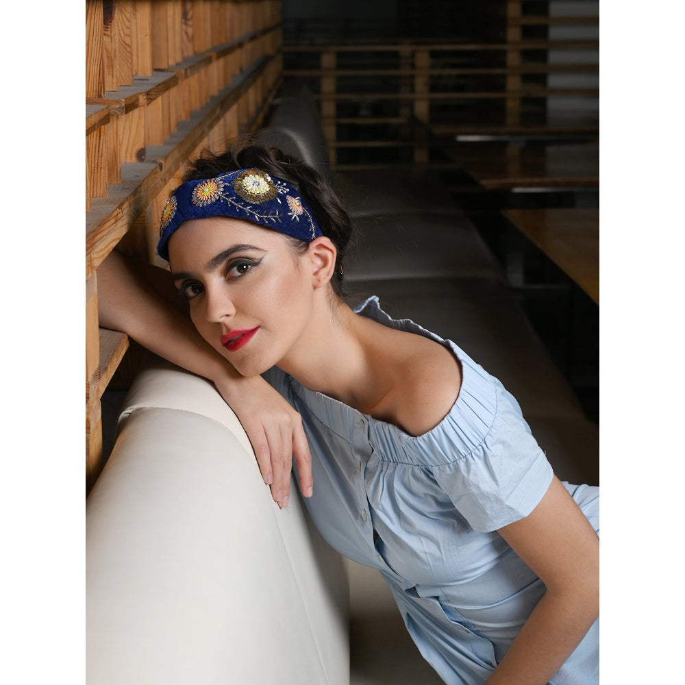 Odette Royal Blue Velvet Hairband With Tickles And Rhinestones