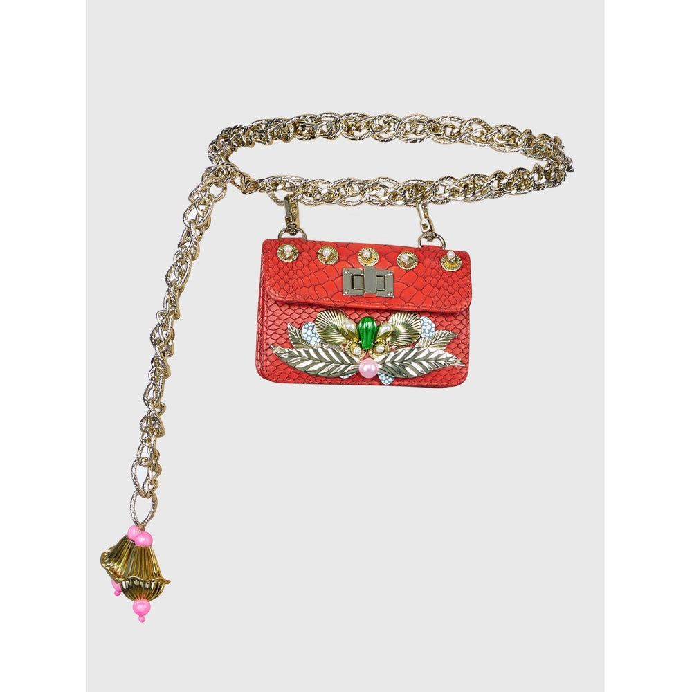 Papa Don't Preach by Shubhika Red Chain-Link Embellished Belt Bag