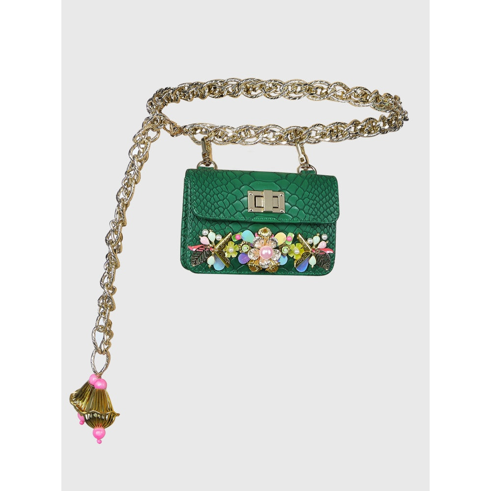 Papa Don't Preach by Shubhika Green Chain-Link Embellished Belt Bag