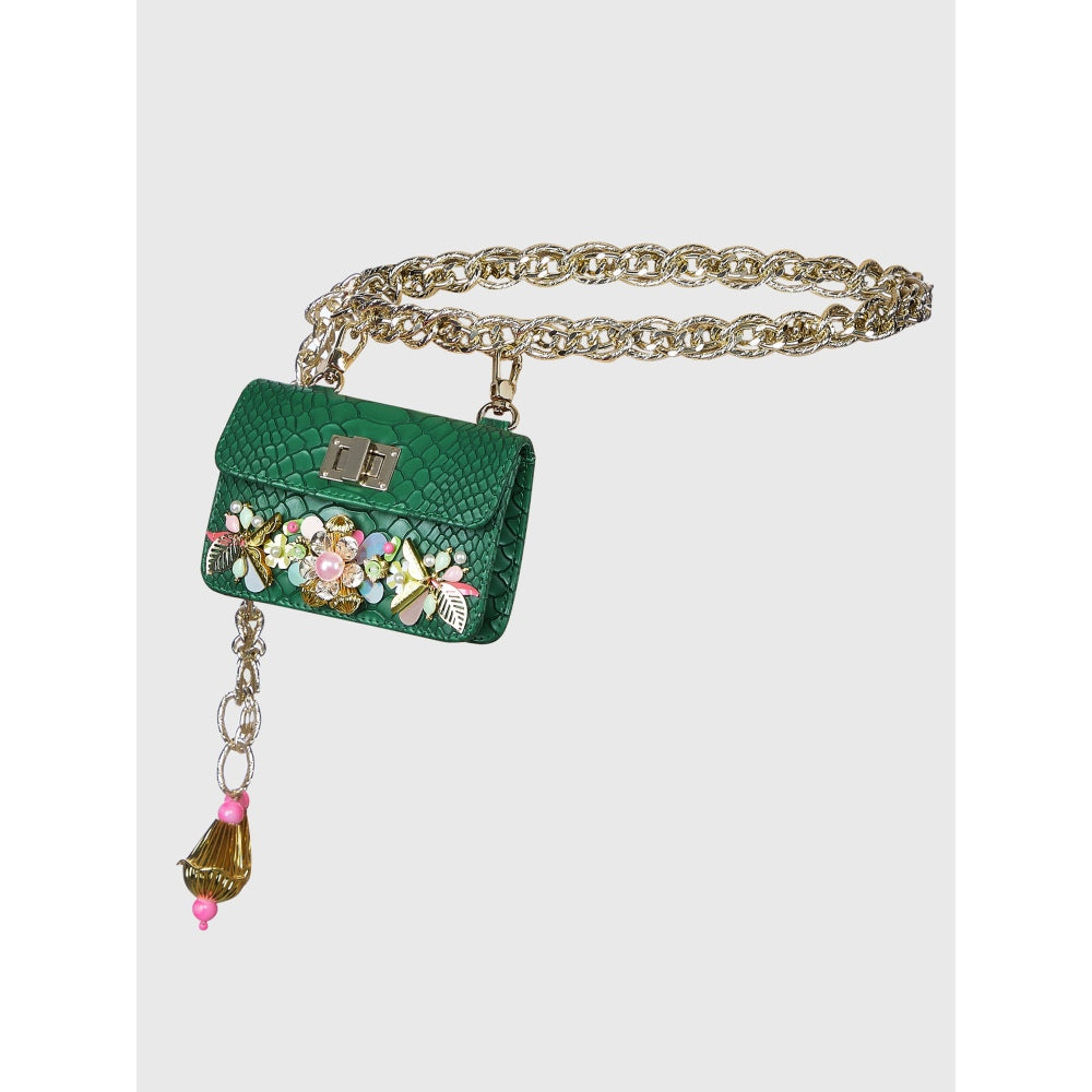 Papa Don't Preach by Shubhika Green Chain-Link Embellished Belt Bag