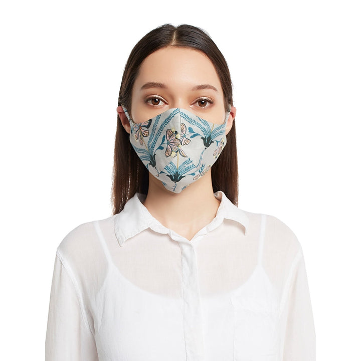 Payal Singhal Blue Botanical Garden And Bird Paradise Print Reversible 3 Ply Mask With Pouch