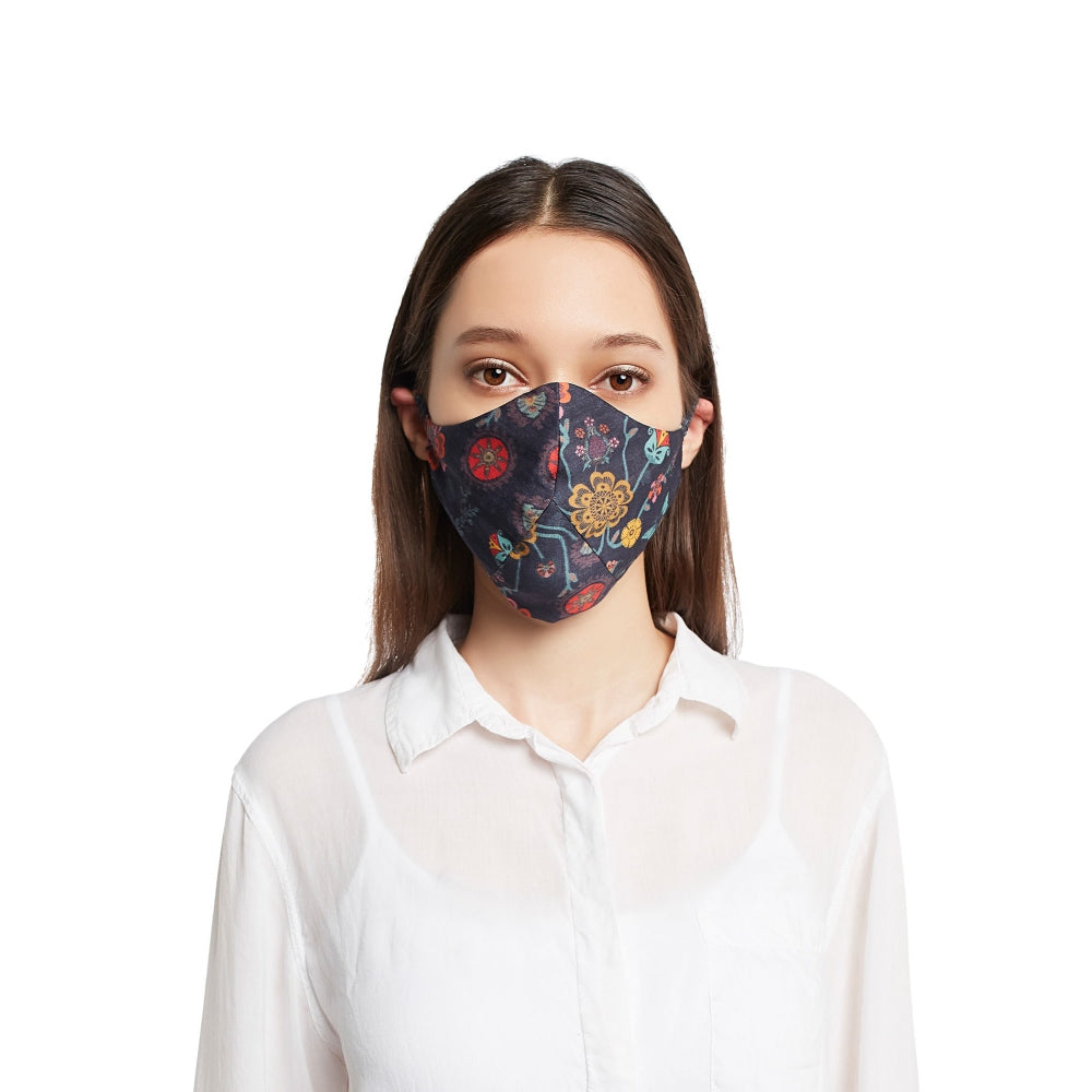 Payal Singhal Navy Blue Tulip Garden And Spring Print Reversible 3 Ply Mask With Pouch