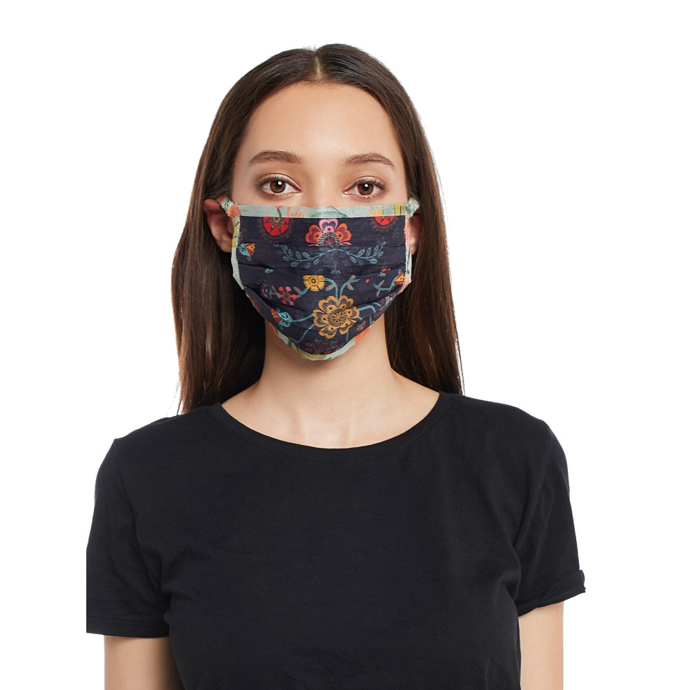 Payal Singhal Navy Blue Spring Print With Hand Painted Print Pleated 3 Ply Mask With Pouch
