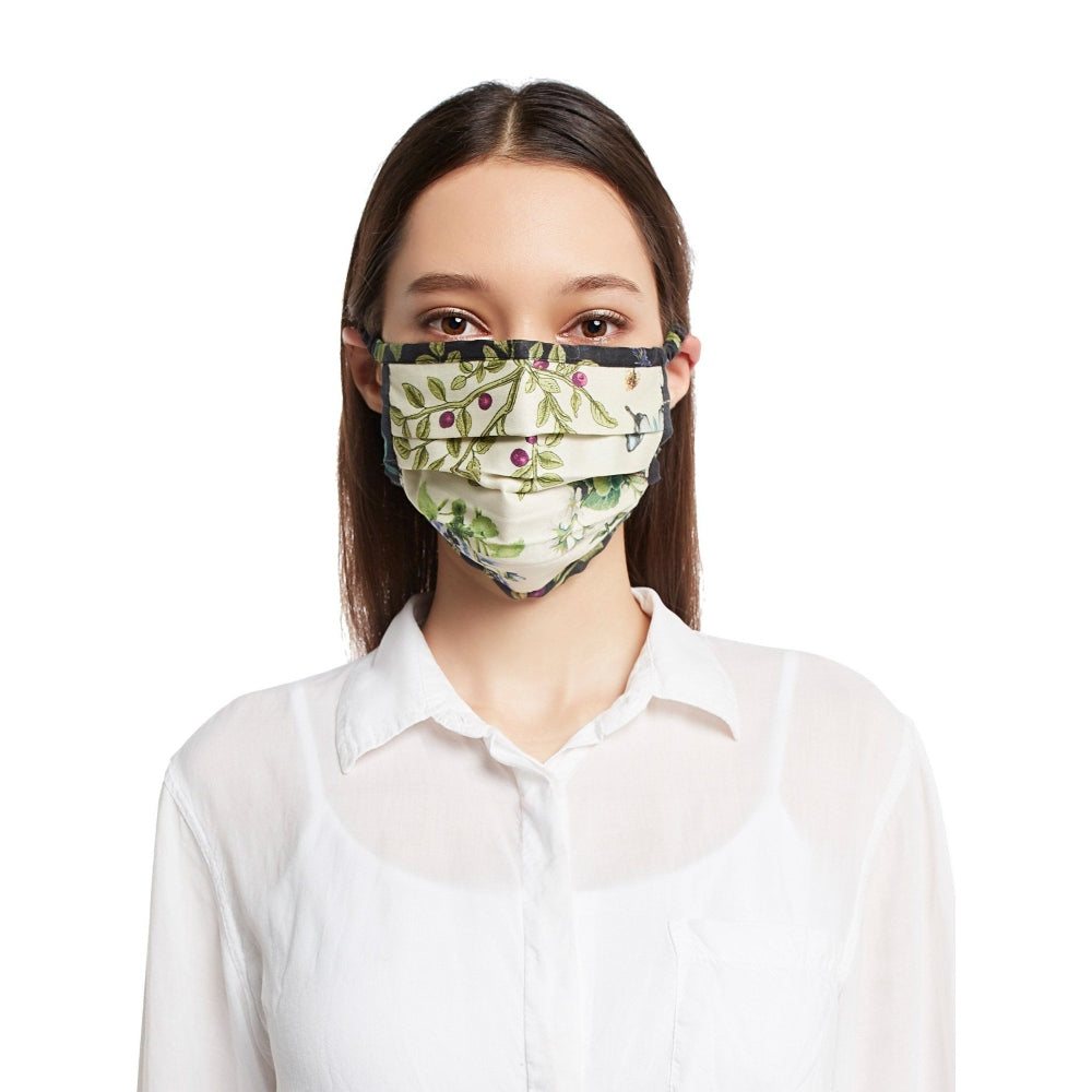 Payal Singhal Off White Titli Print Pleated 3 Ply Mask With Pouch