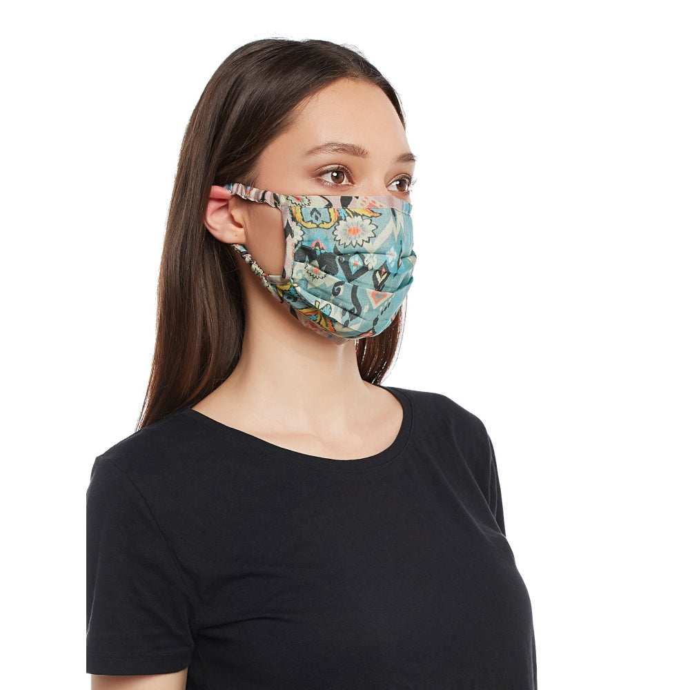 Payal Singhal Blue Ikat Love Print Pleated 3 Ply Mask With Pouch