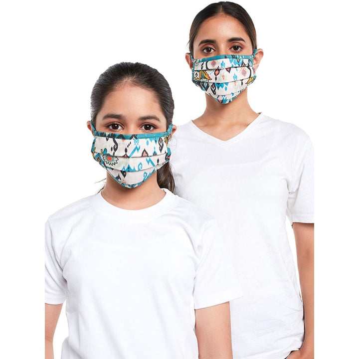 Ps Pret By Payal Singhal White  Ikat Love Print Pleated 3 Ply Masks With Pouches (Set Of 2)