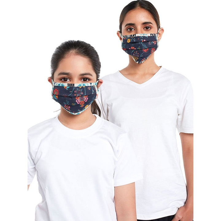 Ps Pret By Payal Singhal Navy Blue Spring And Tulip Garden Print Pleated 3 Ply Masks With Pouches (Set Of 2)