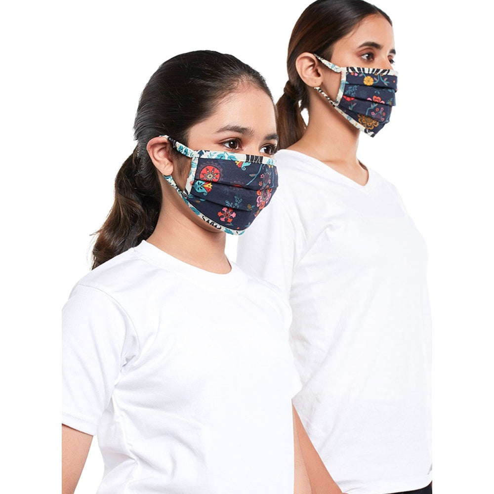 Ps Pret By Payal Singhal Navy Blue Spring And Tulip Garden Print Pleated 3 Ply Masks With Pouches (Set Of 2)