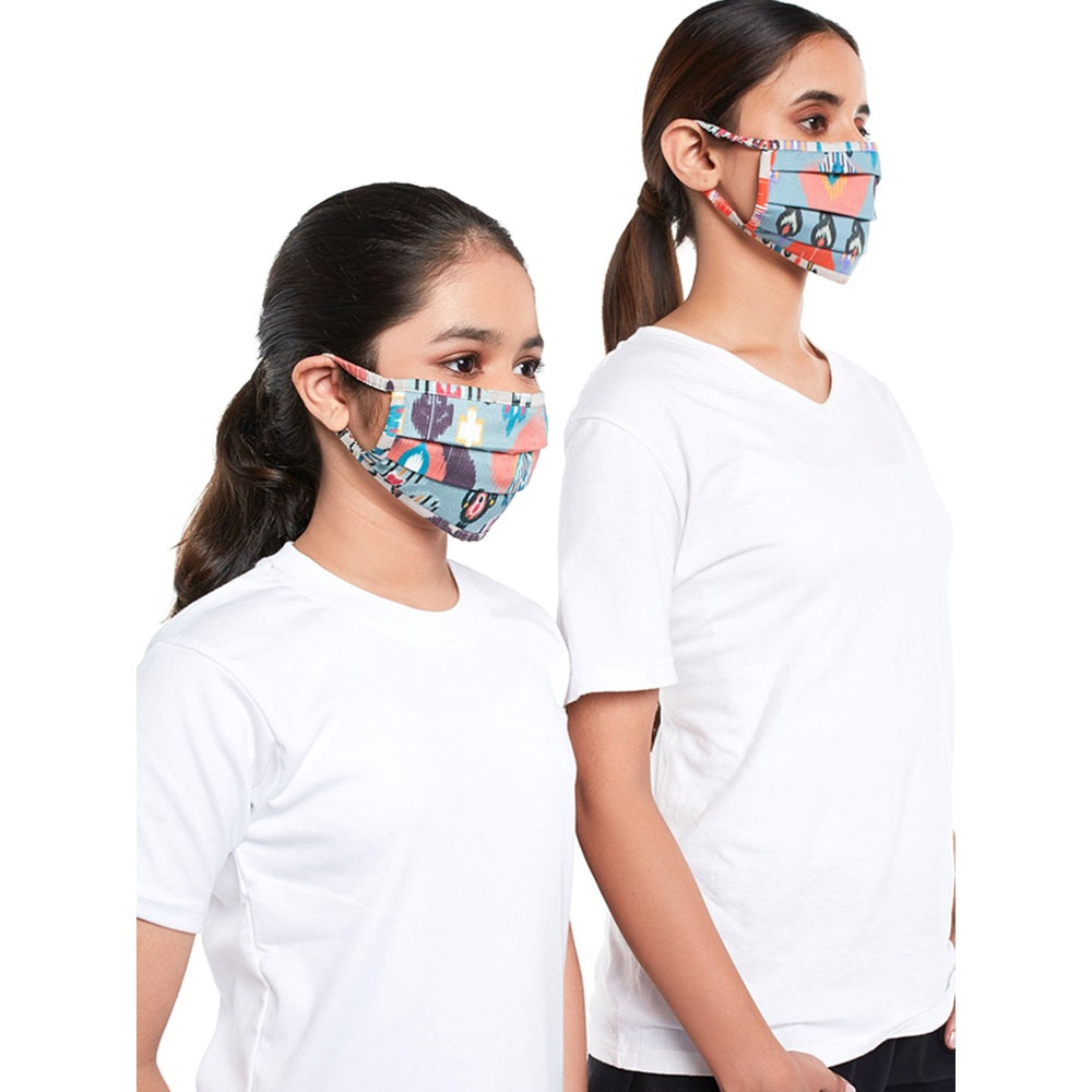 Ps Pret By Payal Singhal Blue Ikat Garden Print Pleated 3 Ply Masks With Pouches (Set Of 2)