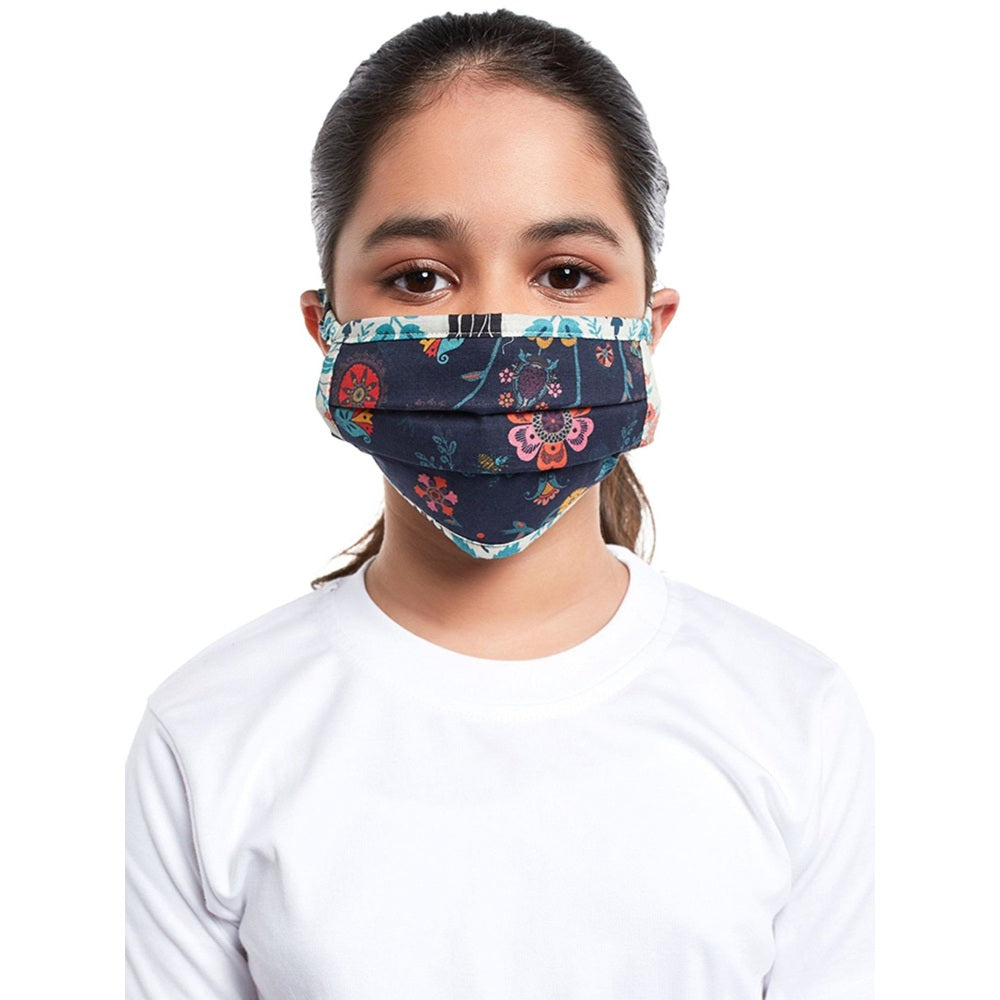 Ps Pret By Payal Singhal Navy Blue Spring And Tulip Garden Print Pleated 3 Ply Mask With Pouch