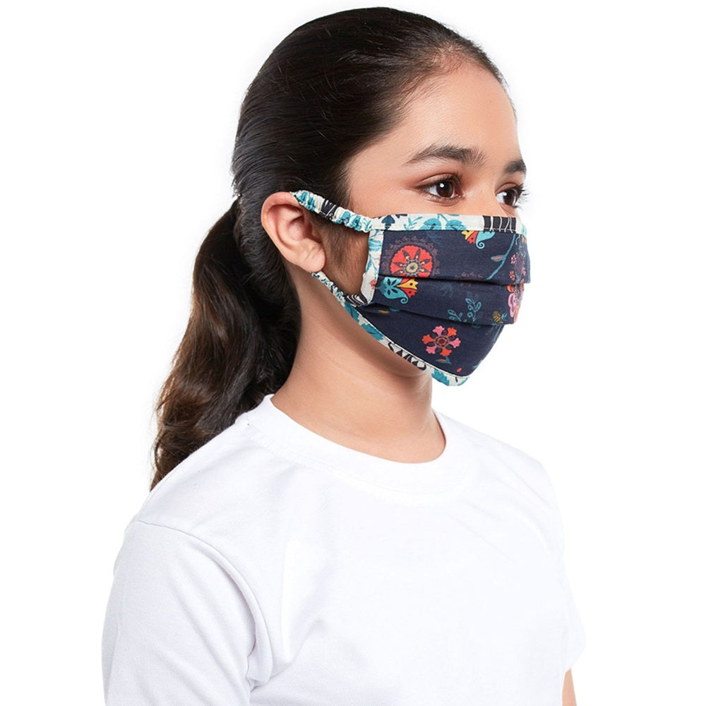 Ps Pret By Payal Singhal Navy Blue Spring And Tulip Garden Print Pleated 3 Ply Mask With Pouch