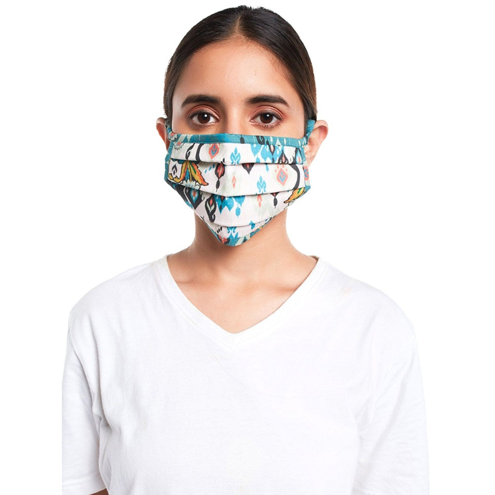 Ps Pret By Payal Singhal White And Blue Ikat Love Print Pleated 3 Ply Mask With Pouch