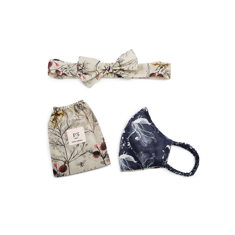 Payal Singhal Multi-Color Printed Hair Band And Mask With Pouch (Set Of 3)