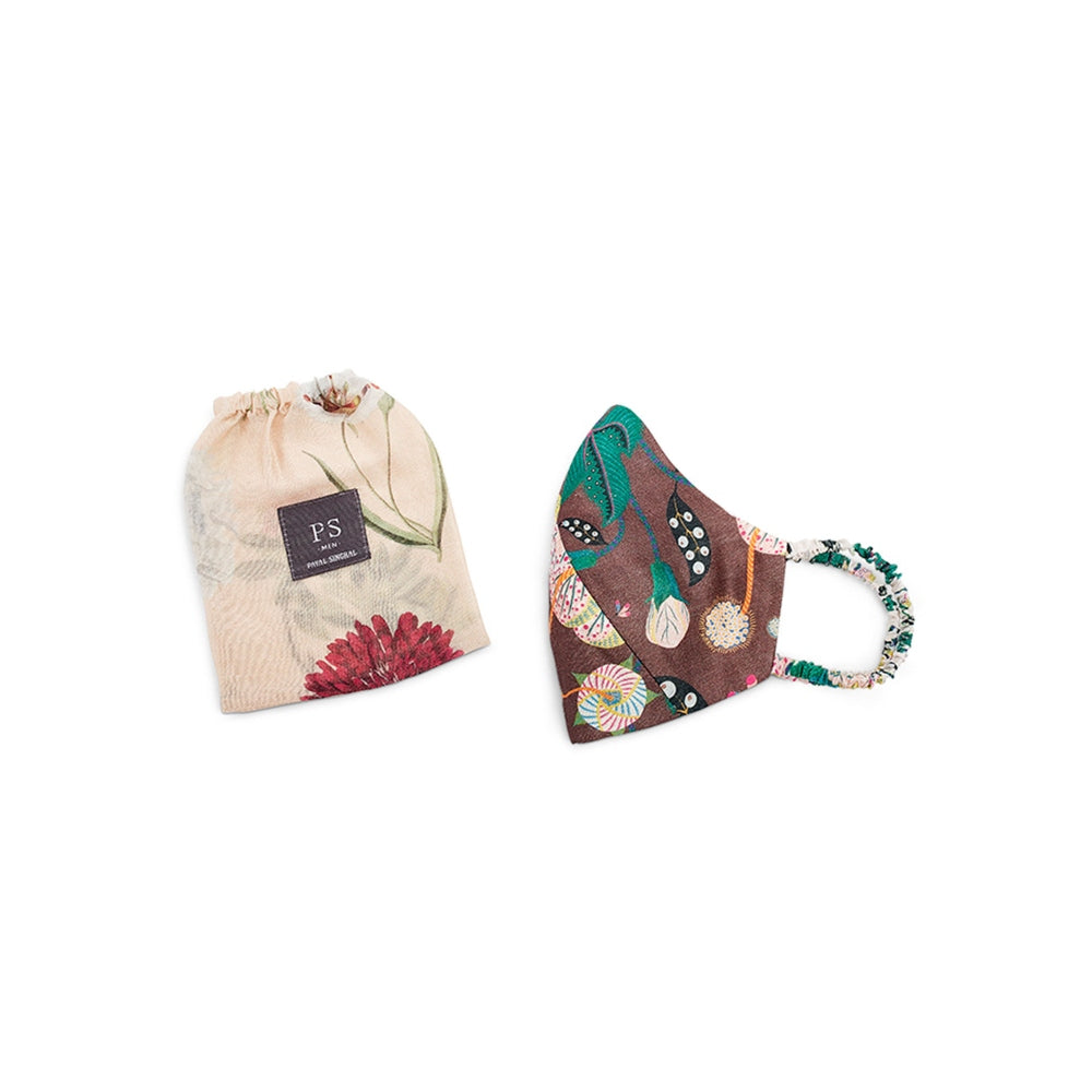 Payal Singhal Brown Abutilon And Peach Bageecha Print Reversible 3 Ply Mask With Pouch For Men