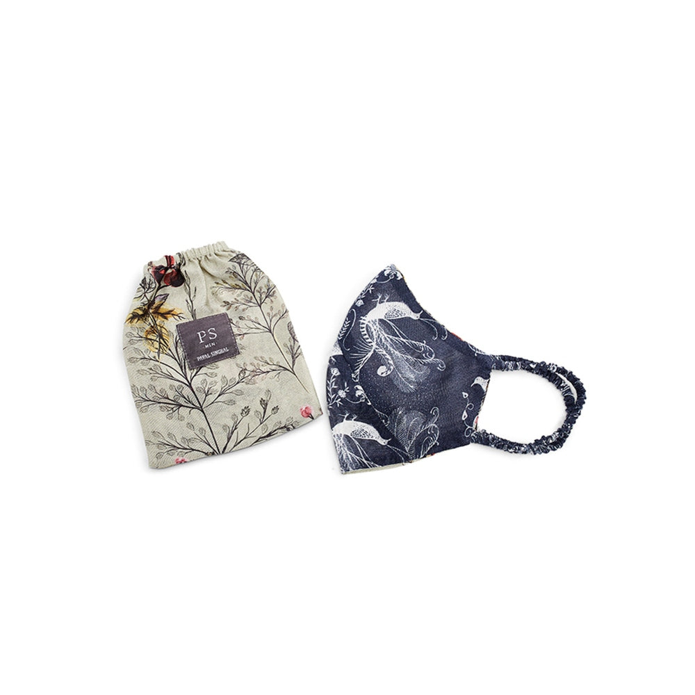 Payal Singhal Navy Jannat And Olive Wild Print Reversible 3 Ply Mask With Pouch For Men